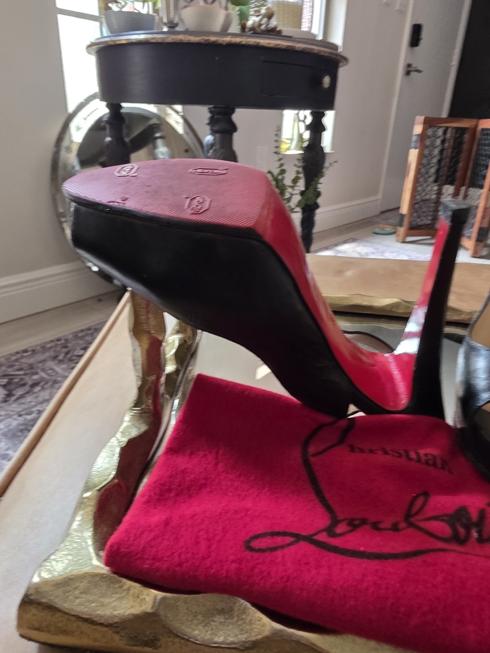 Christian Louboutin Black Leather Peep-Toe Slingback Heels with Red Soles - Picture 3 of 3